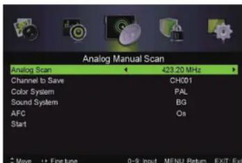 Analog Manual Scan Analog Scan 423.20 MHz Channel to Save CH001 Color System PAL Sound System BIG AFC On Start * Move +? Find type 0-9 input MENU Return EXIT End