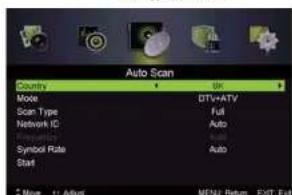 Auto Scan Country UK Move DTV+ATV Scan Type Full Network IC Auto Symbol Rate Auto Start Move + Adjust MENU Return EXIT END