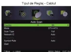 Tipul de Regla; - Cablul Auto Scan Country UK Mode DTV+ATV Scan Type Full Network IC Auto Frequency Boo Symbol Rate Auto Start 7 Move + Adjust MENU Return EXIT Exit
