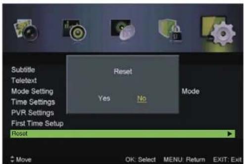 Subtitle Teletext Mode Setting Time Settings PVR Settings First Time Setup Reset Reset Yes No Mode Move OK: Select MENU: Return EXIT: Exit
