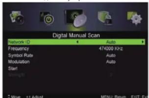 Digital Manual Scan Network ID Auto Frequency 474000 KHz Symbol Rate Auto Modulation Auto Start Setting 0 32 Move +/- Adjust MENU: Return EXIT: Exit