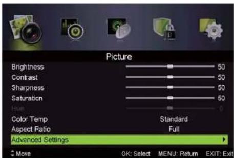 Picture Brightness 50 Contrast 50 Sharpness 50 Saturation 50 Hue 0 Color Temp Standard Aspect Ratio Full Advanced Settings Move OK: Select MENU: Return EXIT: Exit