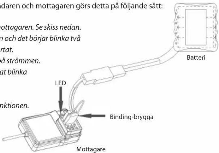 daren och mottagaren görs detta på följande sätt: ottagaren. Se skiss nedan. n och det börjar blinka två rtat. å strömmen. at blinka nktionen. LED Binding-brygga Mottagare Batteri