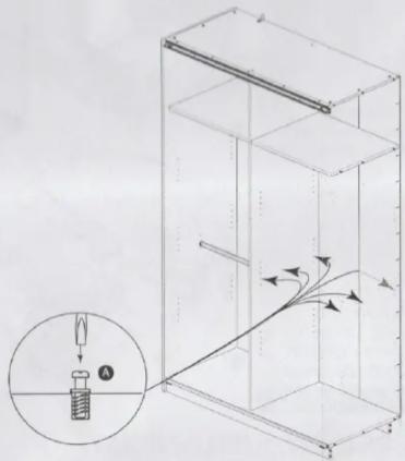 Technical diagram showing a mechanical assembly with labeled components and airflow direction, including a magnified inset of a component labeled 'A'.