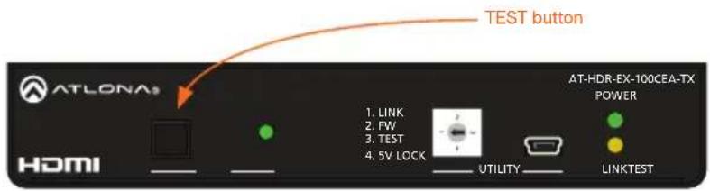 TEST button AT-LONA® 1. LINK 2. FW 3. TEST 4. 5V LOCK AT-HDR-EX-100CEA-TX POWER HDMI UTILITY LINKTEST