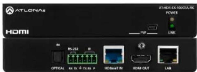 ATLONAS HDMI FW LINK IN RS-232 IR OPTICAL RX TX + TX RX P HDBSET IN HDMI OUT LAR AT-HDI-EX-100CEA-RX POWER