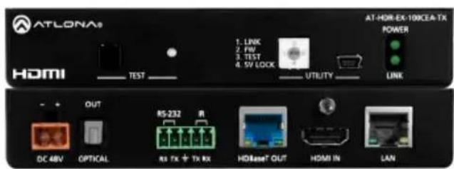 ATLONAs HDMI TEST 1. LINK 2. FW 3. TEST 4. SV LOCK UTRUTY AT-HDR-EX-100CEA-TX POWER LINK OUT RS-232 R DC 48V OPTICAL RS Tx + Tx Rx HDBase® OUT HDMI IN LAN