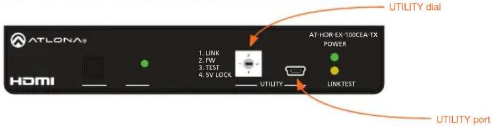 ATLONA® HDMI 1. LINK 2. FW 3. TEST 4. 5V LOCK UTILITY AT-HDR-EX-100CEA-TX POWER LINKTEST UTILITY dial UTILITY port