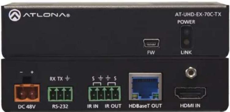 ATLONA® AT-UHD-EX-70C-TX POWER FW LINK - + RX TX - S - S DC 48V RS-232 IR IN IR OUT HDBaseT OUT HDMI IN