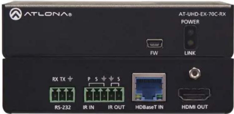 ATLONA® AT-UHD-EX-70C-RX POWER FW LINK RX TX ± RS-232 P S ±/± S IR IN IR OUT HDBaseT IN HDMI OUT