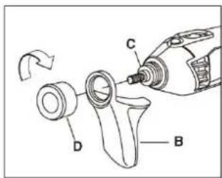 Technical diagram showing a mechanical assembly with labeled parts A, B, C, D and a tool tip.