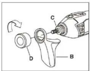 Technical diagram showing a mechanical assembly with labeled parts A, B, C, D and a tool interacting with component B.