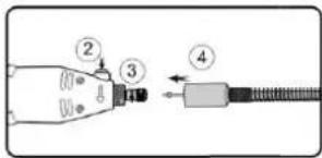 Diagram showing a connector with labeled parts and directional arrows indicating connection to a cable or wire.