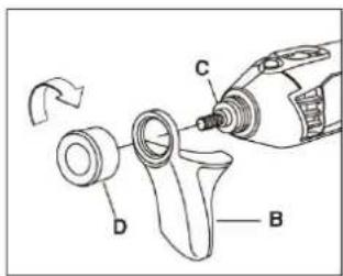 Technical diagram showing a mechanical assembly with labeled parts A, B, C, D and a tool tip, likely illustrating a turning or disassembly process.