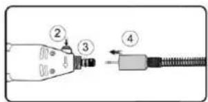 Diagram showing a connector with labeled parts and directional arrows indicating assembly or connection.