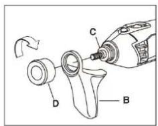 Diagram showing a mechanical assembly with labeled parts A, B, C, D and an arrow indicating rotation or adjustment.