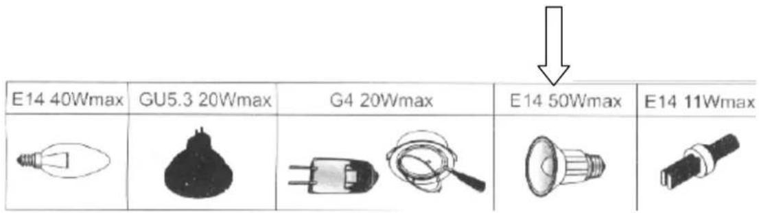 E14 40Wmax GU5.3 20Wmax G4 20Wmax E14 50Wmax E14 11Wmax
