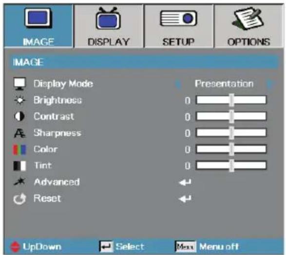 IMAGE DISPLAY SETUP OPTIONS IMAGE Display Mode Brightness Contrast Sharpness Color Tint Advanced Reset Presentation 0 0 0 0 0 UpDown Select Menu off
