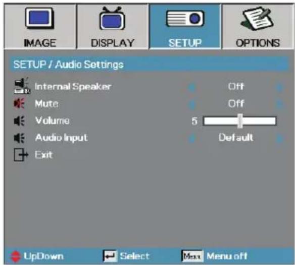 IMAGE DISPLAY SETUP OPTIONS SETUP / Audio Settings Internal Speaker Mute Volume Audio Input Exit Off Off 5 Default UpDown Select Menu off