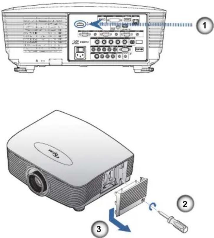 Diagram showing a projector setup with labeled components: front panel, internal portion, and disassembly steps.