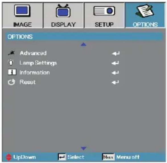 IMAGE DISPLAY SETUP OPTIONS OPTIONS Advanced Lamp Settings Information Reset UpDown Select Menu off