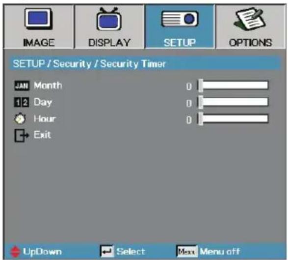IMAGE DISPLAY SETUP OPTIONS SETUP / Security / Security Timer JAN Month 12 Day Hour Exit 0 0 0 UpDown Select Next Menu off