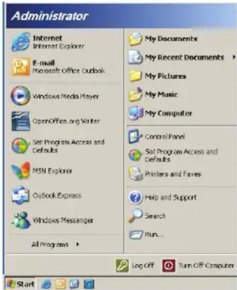 Administrator Internet Internet Explorer E-mail Microsoft Office Outlook Windows Media Player OpenOffice.org Winter Set Program Access and Defaults MSN Explorer Outlook Express Windows Messenger All Programs > My Documents My Recent Documents > My Pictures My Music My Computer Control Panel Set Program Access and Defaults Printers and Faxes Help and Support Search Run... Log Off Turn Off Computer Start