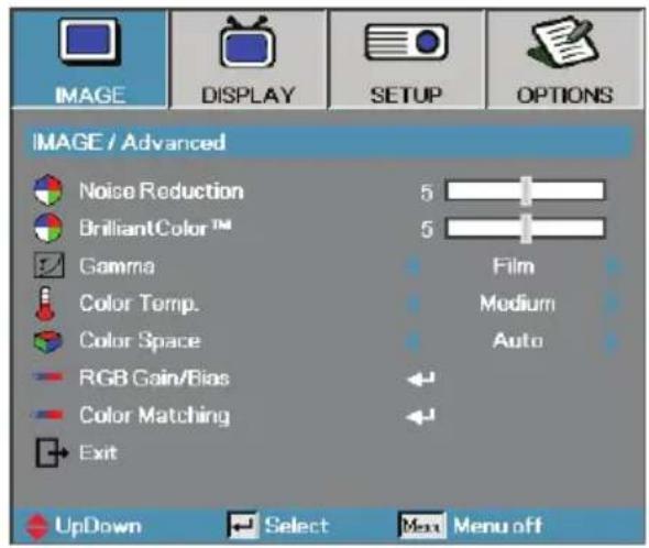 IMAGE / Advanced Noise Reduction 5 BrilliantColor™ 5 Gamma Film Color Temp. Medium Color Space Auto RGB Gain/Bias Color Matching Exit UpDown Select Max Menu off