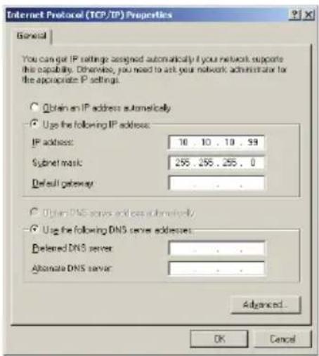 Internet Protocol (TCP/IP) Properties General You can get IP settings designed automatically if your network supports this capability. Otherwise, you need to ask your network administrator for the appropriate IP settings. Obtain an IP address automatically Use the following IP address: IP address: 10, 10, 10, 59 Subnet mask: 255, 255, 255, 0 Default gateway Obtain DNS server access automatically Use the following DNS server addresses: Preferred DNS server: ... Alternate DNS server: ... Advanced... OK Cancel