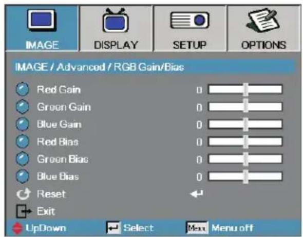 IMAGE / Advanced / RGB Gain/Bias Red Gain Green Gain Blue Gain Red Bias Green Bias Blue Bias Reset Exit UpDown Select Max Menu off