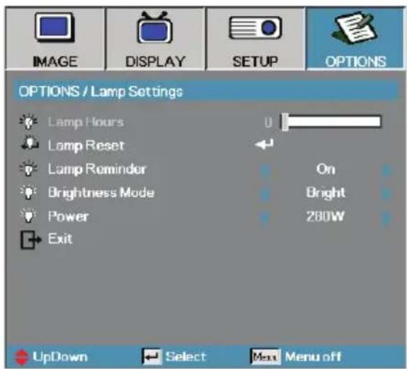 IMAGE DISPLAY SETUP OPTIONS OPTIONS / Lamp Settings Lamp Hours U Lamp Reset On Lamp Reminder Brightness Mode Bright Power 280W Exit UpDown Select Menu off