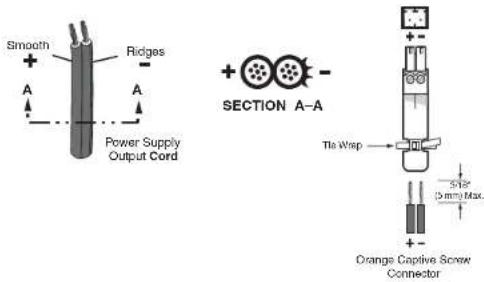 Smooth + A Ridges - A Power Supply Output Cord SECTION A-A Tie Wrap - Size (0 mm) Max. Orange Captive Screw Connector