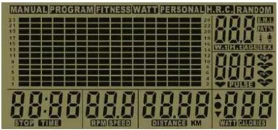 MANUAL PROGRAM FITNESS WATT PERSONAL H.R.C. RANDOM 23 21 19 17 15 13 11 8 4 2 1 8:0:00 8:0:00 8:0:00 8:00 STOP TIME RPM SPEED DISTANCE KM WATT CLOTHES