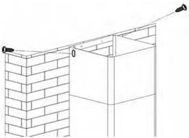 Line drawing of a brick wall structure with hanging sensors and support beams (no text or symbols)