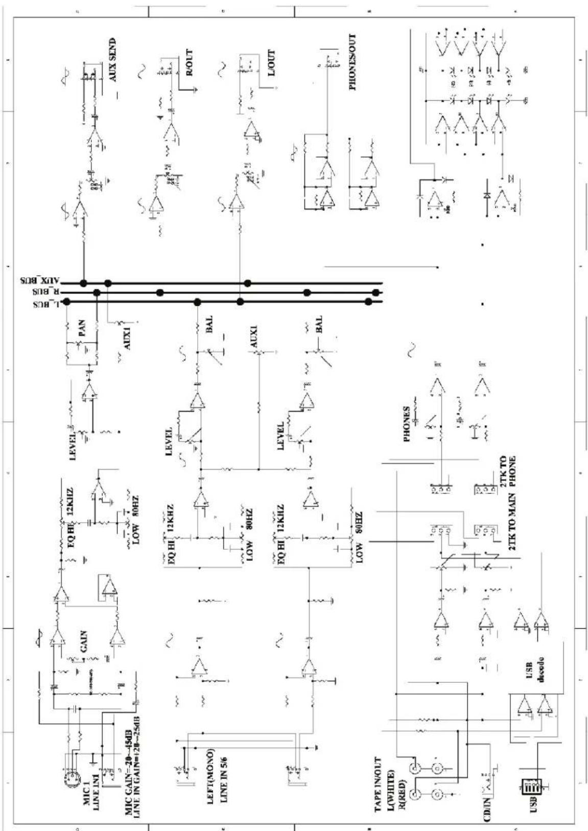 MIC 1 LINE IN1 MIC GAIN=20~45dB LINE IN GAIN=120~25dB GAIN EQ HI 12KHZ LOW 80HZ LEVEL PAN AUX1 L_BUS R_BUS AUX_BUS -AUX SEND LEFT(MONO) LINE IN 5/6 EQ HI 12KHZ LOW 80HZ LEVEL BAL AUX1 EQ HI 12KHZ LOW 80HZ LEVEL BAL TAPE IN/OUT L(WHITE) R(RED) CD/IN USB USB decode PHONES 2TK TO MAIN PHONE 2TK TO PHONE PHONES/OUT