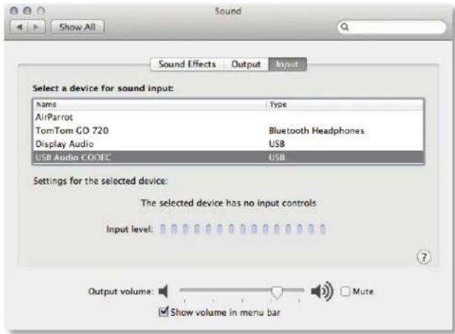 Sound Show All Sound Effects Output.Input Select a device for sound input: Name Way AirParrot TomTom GO 720 Bluetooth Headphones Display Audio USB USB Audio CODEC USB Settings for the selected device: The selected device has no input controls Input level: Output volume: Mute Show volume in menu bar