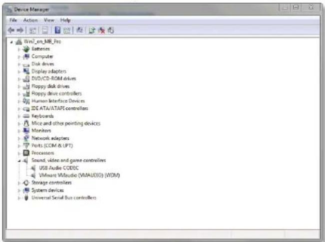 Device Manager File Action View Help Win7_en_MB_Pro Batteries Computer Disk drives Display adapters DVD/CD-ROM drives Pippy disk drives Pippy drive controllers Human Interface Devices IDE ATA/ATAPI controllers Keyboards Mice and other pointing devices Monitors Network adapters Ports (COM & LPT) Processors Sound, video and game controllers USB Audio CODEC VMware VMaudio (VMAUDIO) (WDM) Storage controllers System devices Universal Serial Bus controllers