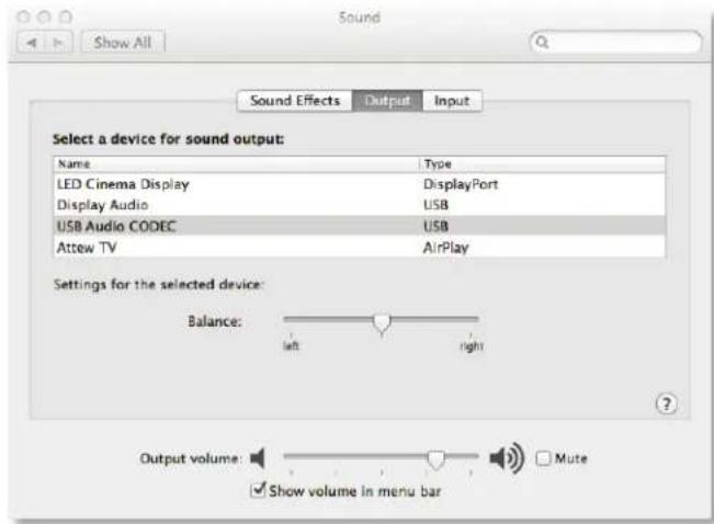 Sound Show All Sound Effects Output Input Select a device for sound output: Name Type LED Cinema Display DisplayPort Display Audio USB USB Audio CODEC USB Attew TV AirPlay Settings for the selected device: Balance: left right Output volume: ✓ Show volume in menu bar Mute