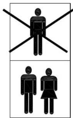 Two symbolic diagrams showing male and female figures with crossed and unbroken lines, likely representing gender restrictions or exclusion criteria.
