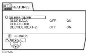 FEATURES SLEEP-TIME-R BLUE BACK CHILD LOCK DECODER(EXT-2) OFF ON OFF ON ←BACK OKU74-N