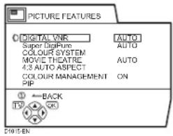 PICTURE FEATURES DIGITAL VNR Super DigPure COLOUR SYSTEM MOVIE THEATRE 4.3 AUTO ASPECT COLOUR MANAGEMENT ON PIP BACK TV 10015 EN