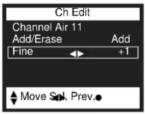 Ch Edit Channel Air 11 Add/Erase Add Fine +1 Move Sel. Prev.