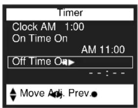 Timer Clock AM 1:00 On Time On AM 11:00 Off Time On Move Adj. Prev.