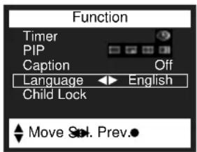 Function Timer PIP Caption Off Language ← English Child Lock Move Sol. Prev.