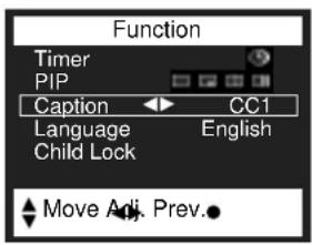 Function Timer PIP Caption CC1 Language English Child Lock