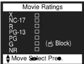 Movie Ratings X □ NC-17 □ R □ PG-13 □ PG □ G □ (Block) NR □ ◆ Move Select Pre●.