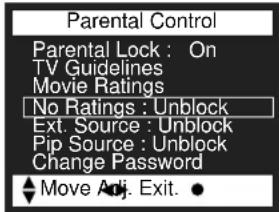 Parental Control Parental Lock : On TV Guidelines Movie Ratings No Ratings : Unblock Ext. Source : Unblock Pip Source : Unblock Change Password Move Adj. Exit. ●