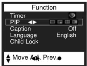 Function Timer PIP Caption Language Child Lock Off English Move Adj. Prev.