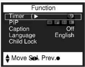Function Timer (▶) PIP Caption Off Language English Child Lock Move Sol. Prev.