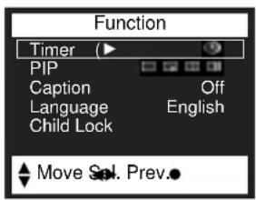 Function Timer (▶) PIP Caption Off Language English Child Lock Move Sel. Prev.